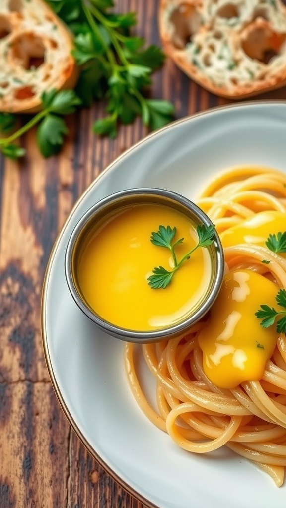 A bowl of golden egg yolk sauce drizzled over pasta, garnished with parsley on a rustic table.